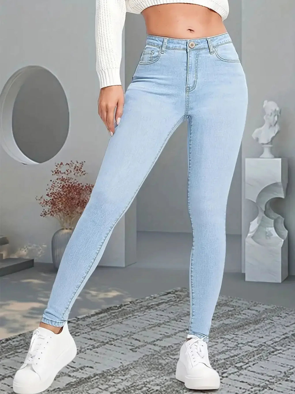 Trendy Y2k Jeans For Woman Blue Stretch Slim Fit Denim Pants Vintage Style High Waist Trousers Fashion Comfort Daily Wear