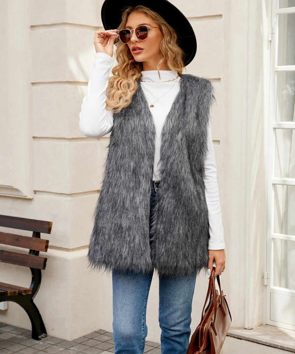 VigoCasey 2025 White Sleeveless Thick Faux Fur Vest Coat Woman V Neck Plush Warm Waistcoat Lady Autumn Winter Fluffy Vest Jacket