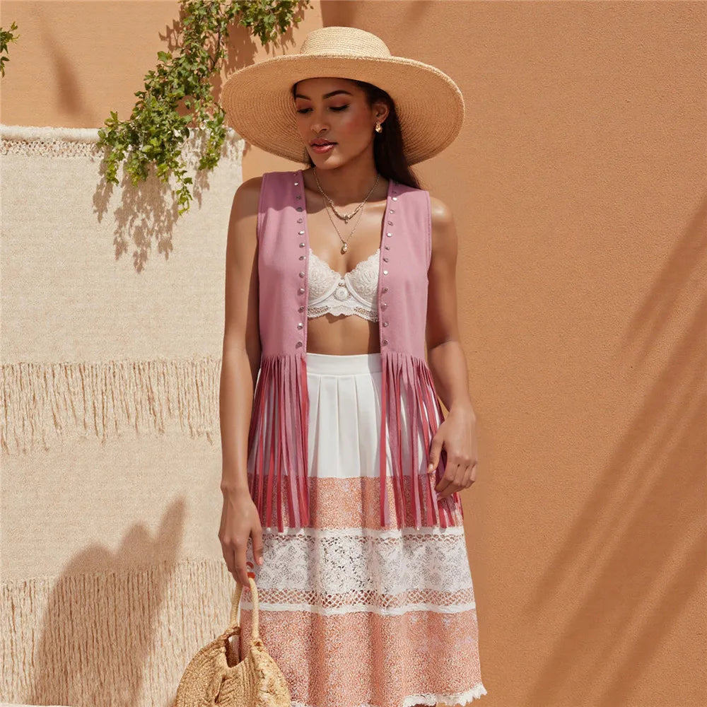 Women Vintage Sleeveless Faux Suede Fringe Vest Rivets Leather Western Boho Tassel Jacket Open Front Hippie Cardigan 2025