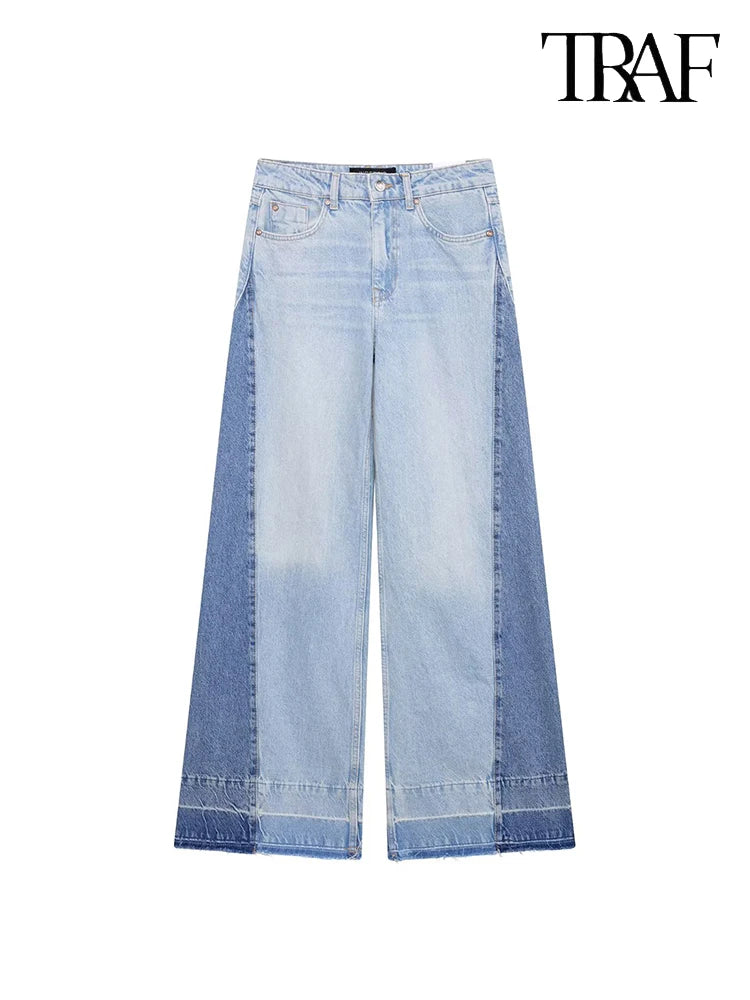 Women's Fashion Vintage Style Contrast Color Splicing High Waist Wide Leg Jeans High Street Casual Versatile Women's Pants