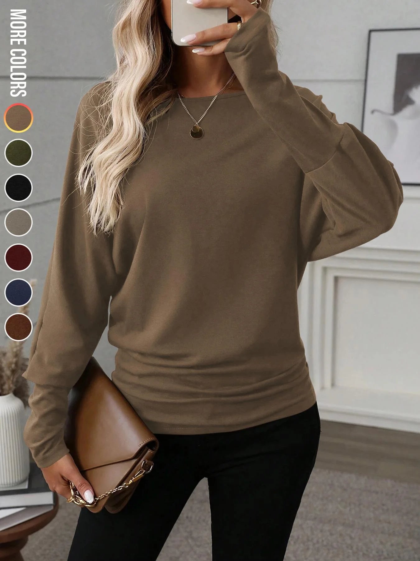 Women's Batwing Sleeve Solid Color T-Shirt, Elastic Long Sleeve Top, Casual Fashion Warm Base Layer, Perfect for Daily Wear & Pa