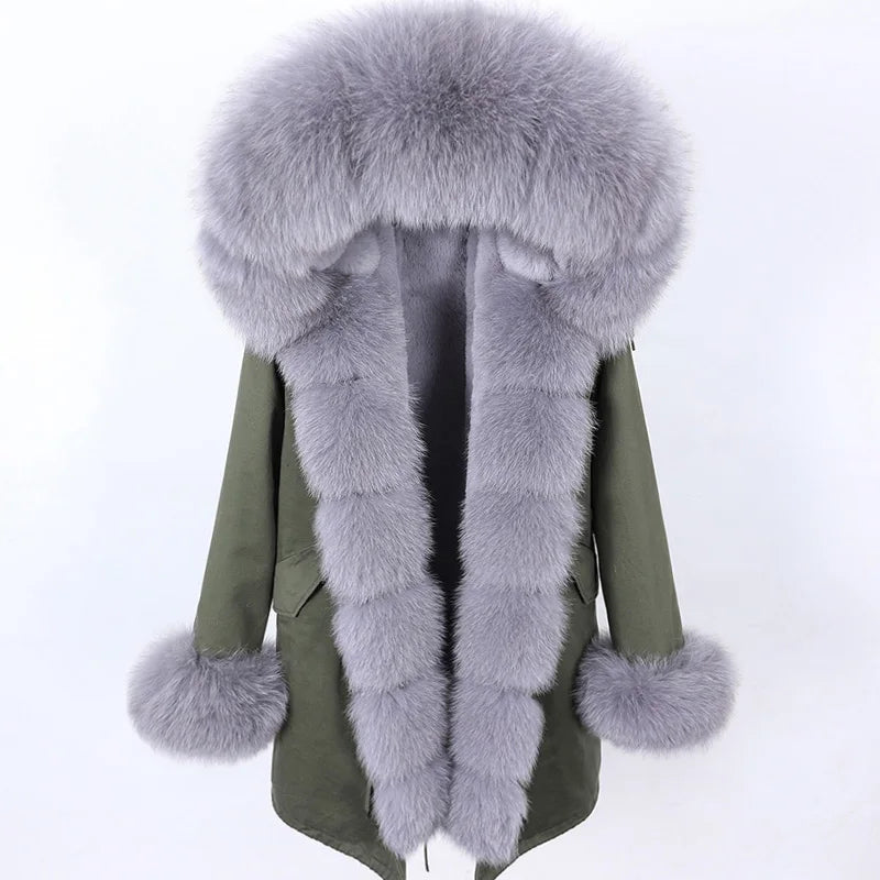 MaoMaoKong Natural Real Fox Fur Jacket Hooded Black Waterproof Woman Winter Warm Coat Parkas Luxury Jacket Female Clothing