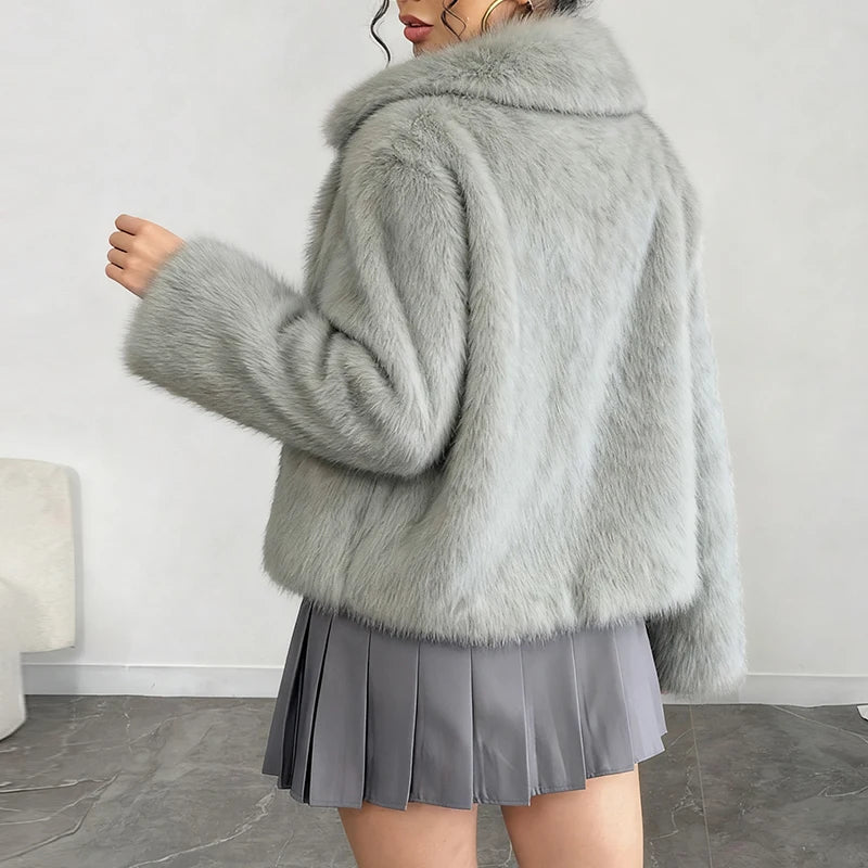 Fashion Vintge Women's Faux Fur Coat Turn-Down Collar Classic Overcoats Basic Fluffy Fox Jackets Lady Elegant Overcoats