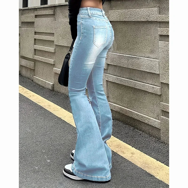 2025 Girls Concise Ins High Waist Flared Jeans Female Stretchy Bootcut Denim Pants Women Solid Color Thin Bell Bottoms Trousers