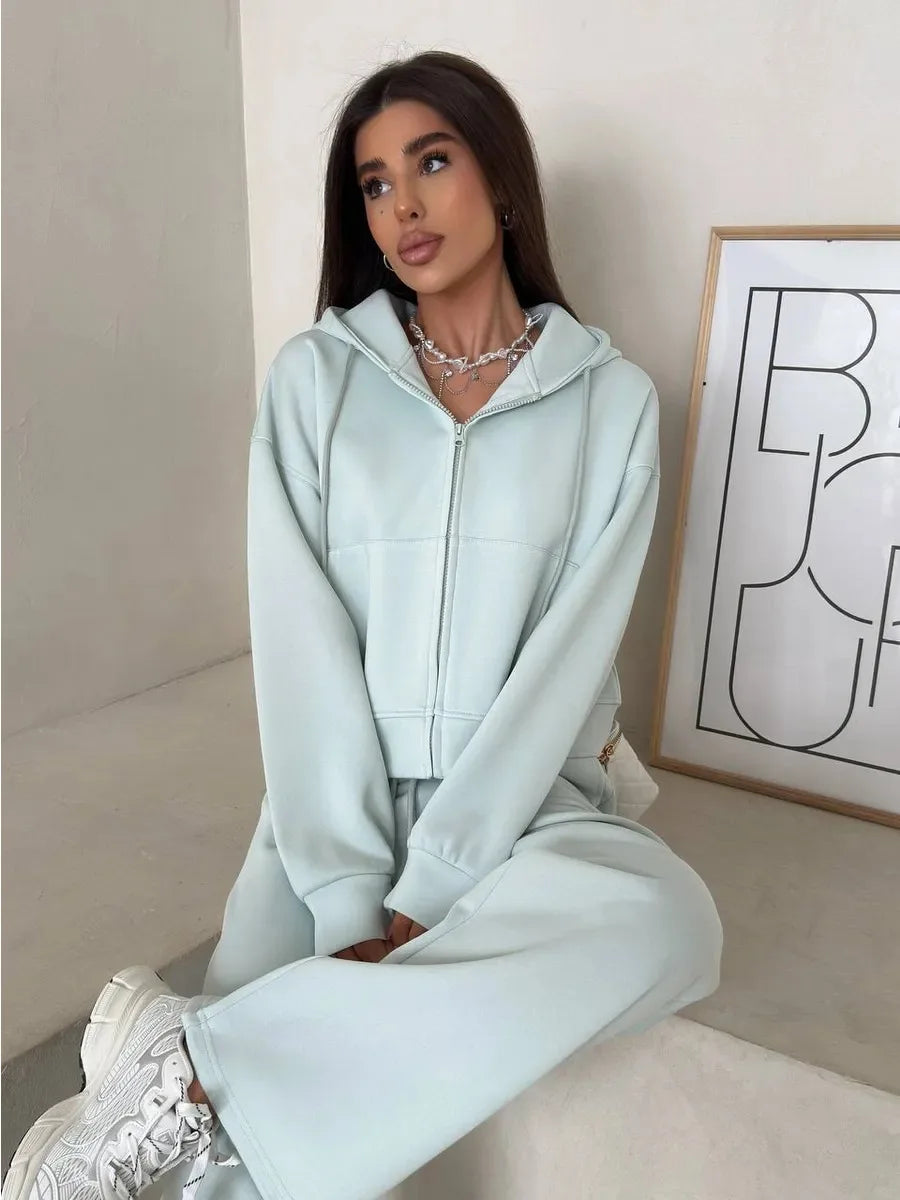 2025 Woman 2 Piece Set Outfit Sports Suit Long-sleeved Zipper Cardigan Hooded Sweatshirt Lace-up Trousers Two-piece Set Trendy
