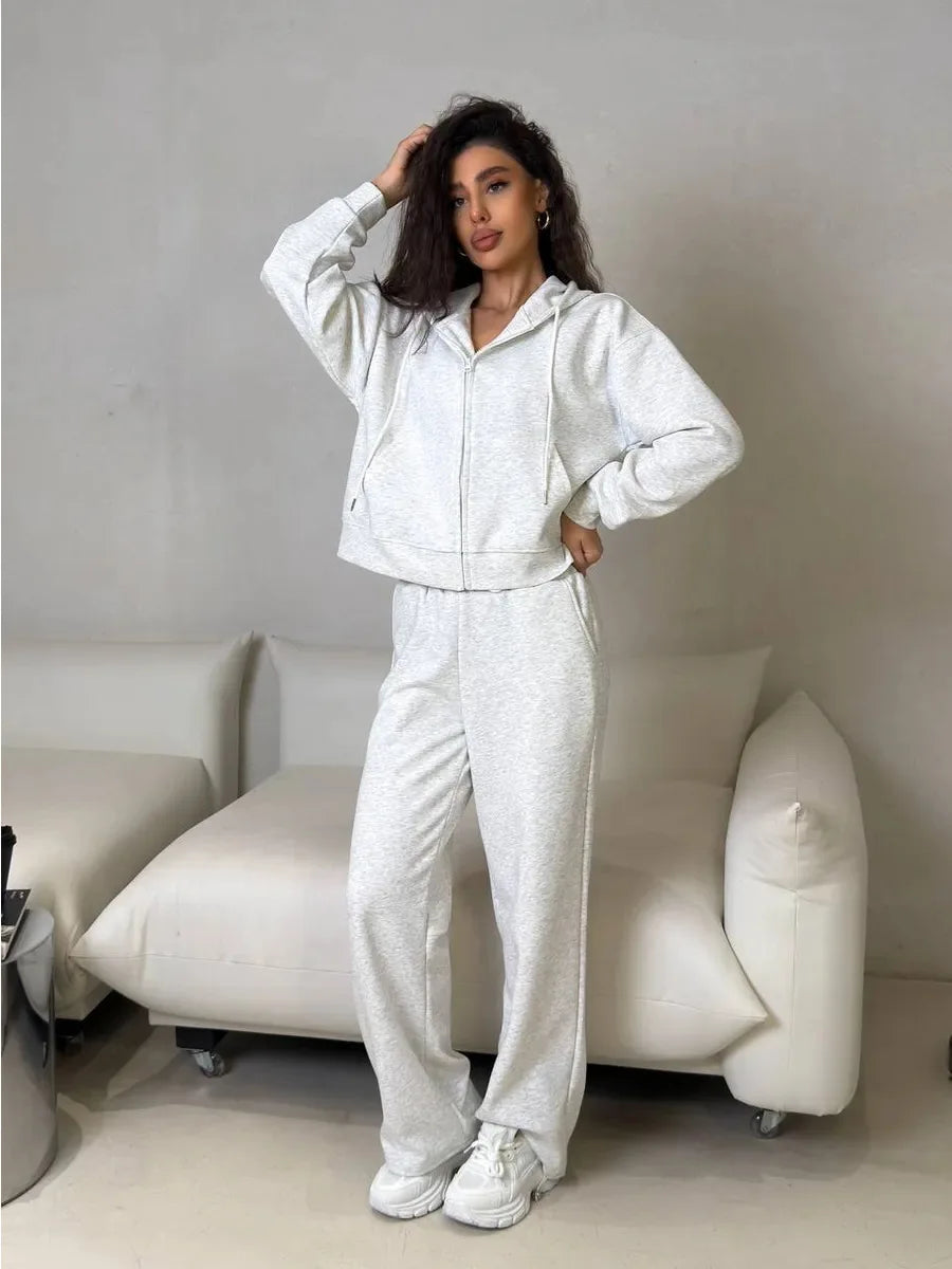 2025 Woman 2 Piece Set Outfit Sports Suit Long-sleeved Zipper Cardigan Hooded Sweatshirt Lace-up Trousers Two-piece Set Trendy