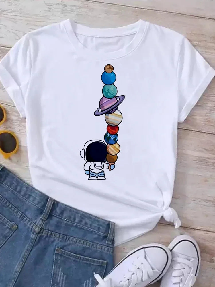 Women Moon Planet Print Fashion Tee Shirts Casual Round Neck Short Sleeve Streetwear Female T-Shirt Vintage Tops
