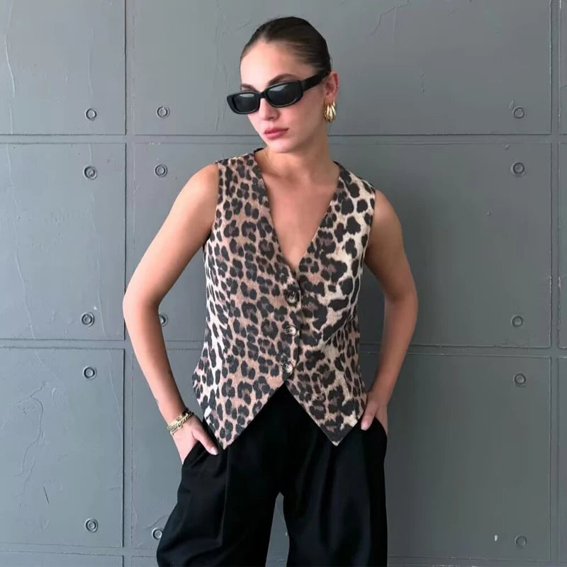 MUJER Leopard Print Vests for Women Waistcoat Cropped Sleeveless Vest Woman Fashion Short Jacket Women Streetwear Women's Coats