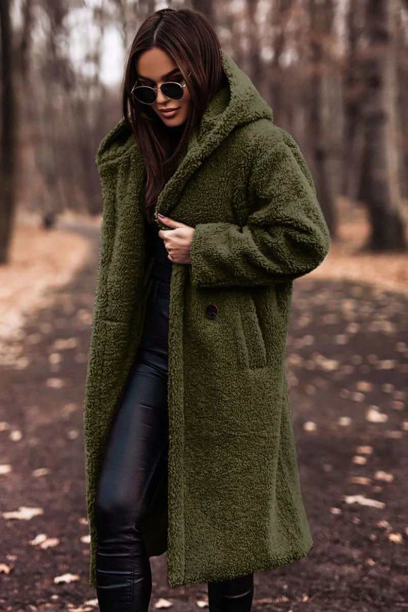 Keep Warm Plush Woolen Coat Women Solid Color Thicken Single Breasted Long Hooded Coats Autumn Winter Female Clothing Streetwear