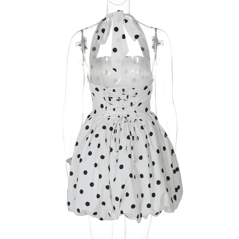 Mozision Halter Print Polka Dot Mini Dress Women Fashion Off-shoulder Sleeveless Backless High Waist A-line Club Party Dress
