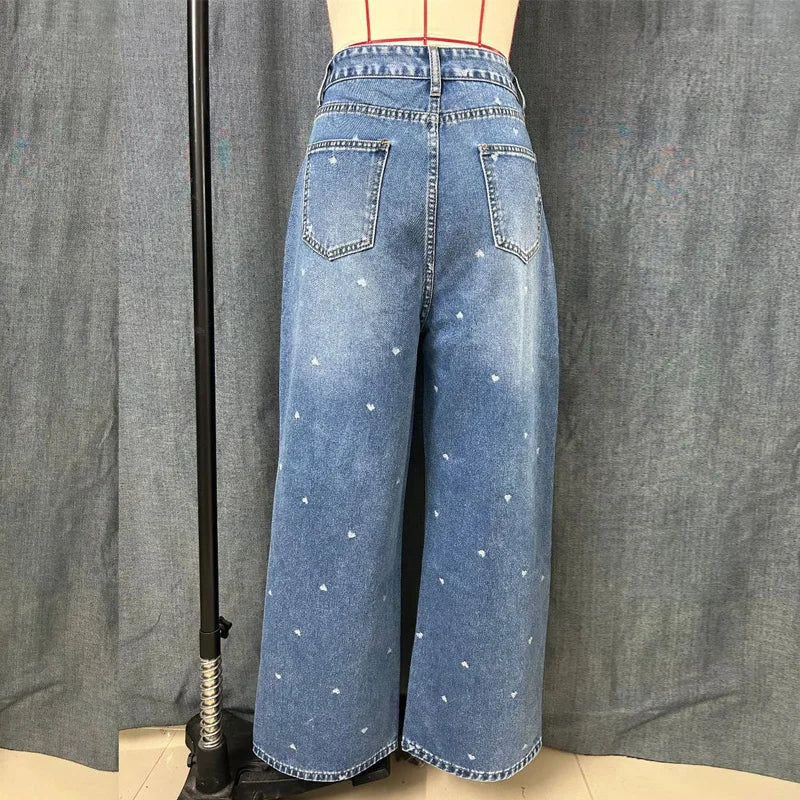Benuynffy Heart Print High Waist Straight Jeans for Women 2025 New Streetwear Casual All Match Baggy Wide Leg Denim Pants Female