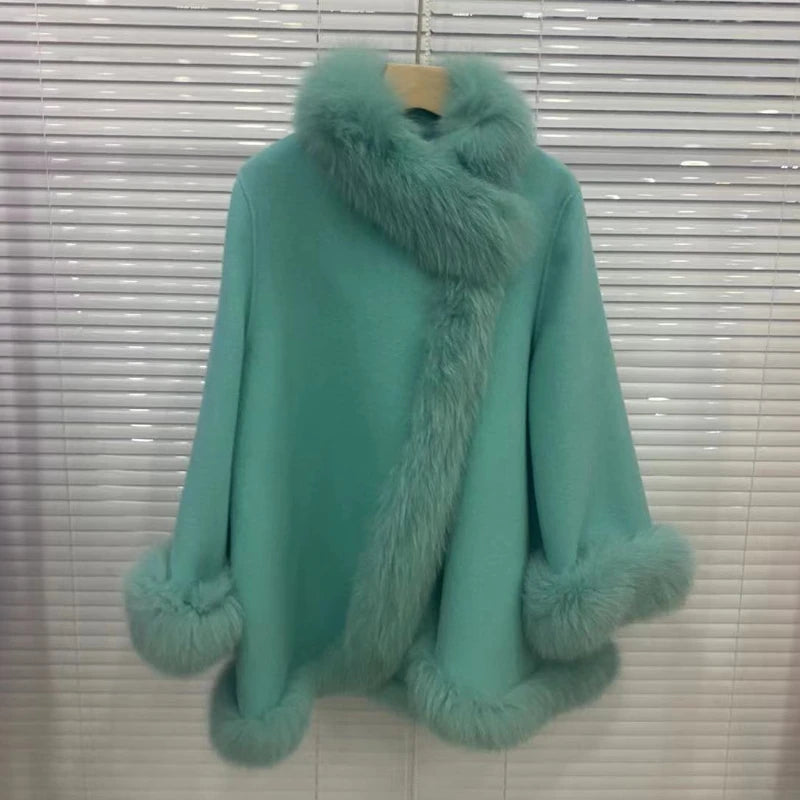 2025 Real Fur Coat Winter Jacket Women Natural Fox Fur Collar Warm Cashmere Wool Woolen Ladies Outerwear Streetwear Fashion