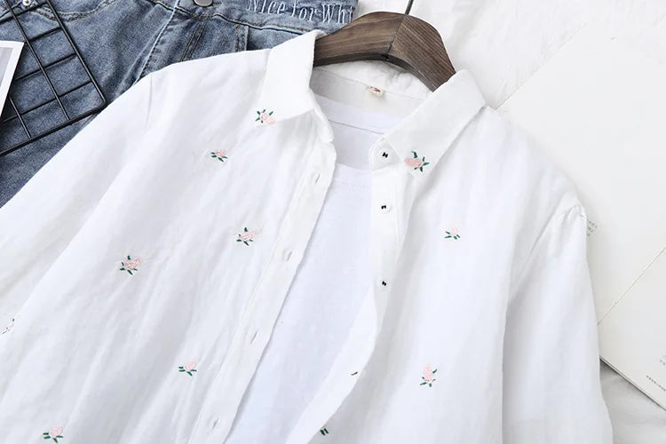 2025 Spring Autumn New Fresh Cotton Yarn Ladies Long Sleeve Shirt Flower Embroidered Women's Casual Shirt Female Blouse Clothes