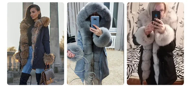 MaoMaoKong Natural Real Fox Fur Jacket Hooded Black Waterproof Woman Winter Warm Coat Parkas Luxury Jacket Female Clothing