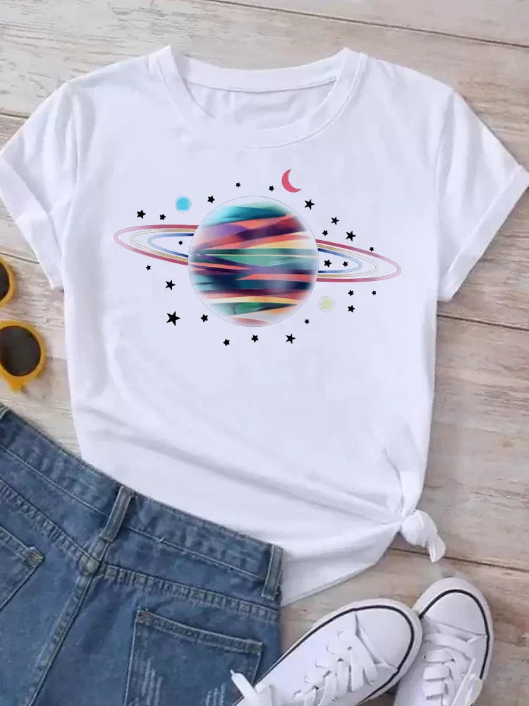 Women Moon Planet Print Fashion Tee Shirts Casual Round Neck Short Sleeve Streetwear Female T-Shirt Vintage Tops