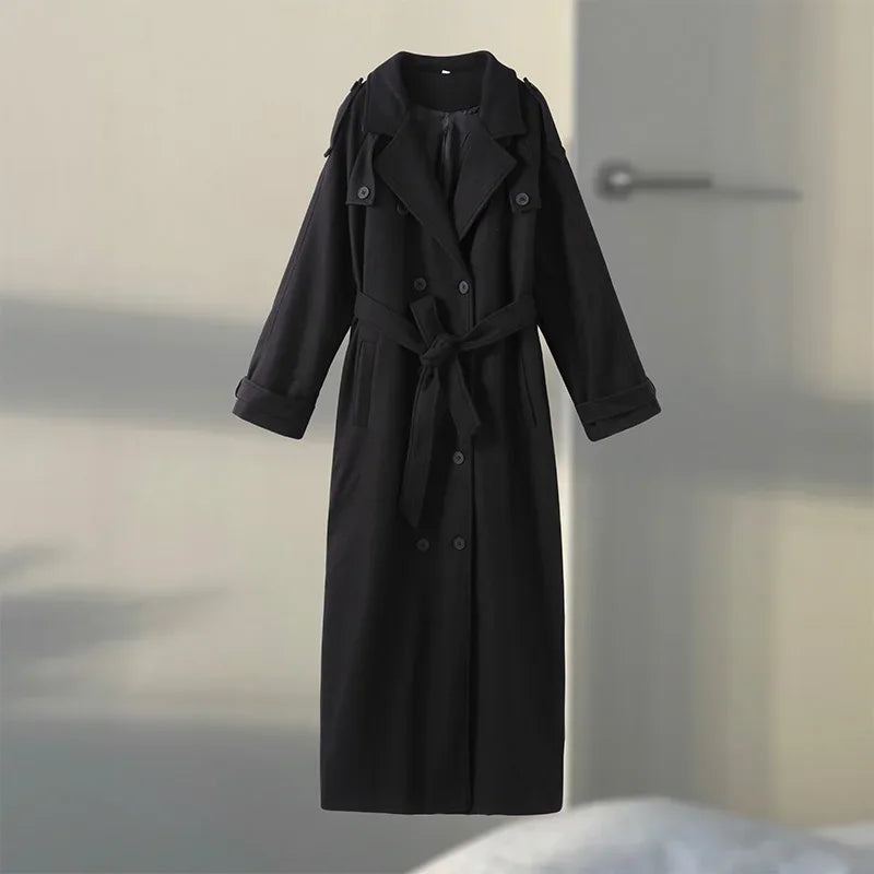 Belts Double Breasted Women's OverCoat Elegant Laple Pocket Full Sleeve Female Coat 2025 Autumn Winter Fashion New Lady Outwears