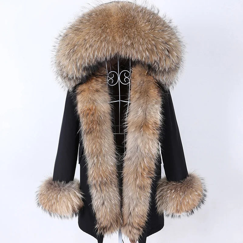 MaoMaoKong Natural Real Fox Fur Jacket Hooded Black Waterproof Woman Winter Warm Coat Parkas Luxury Jacket Female Clothing