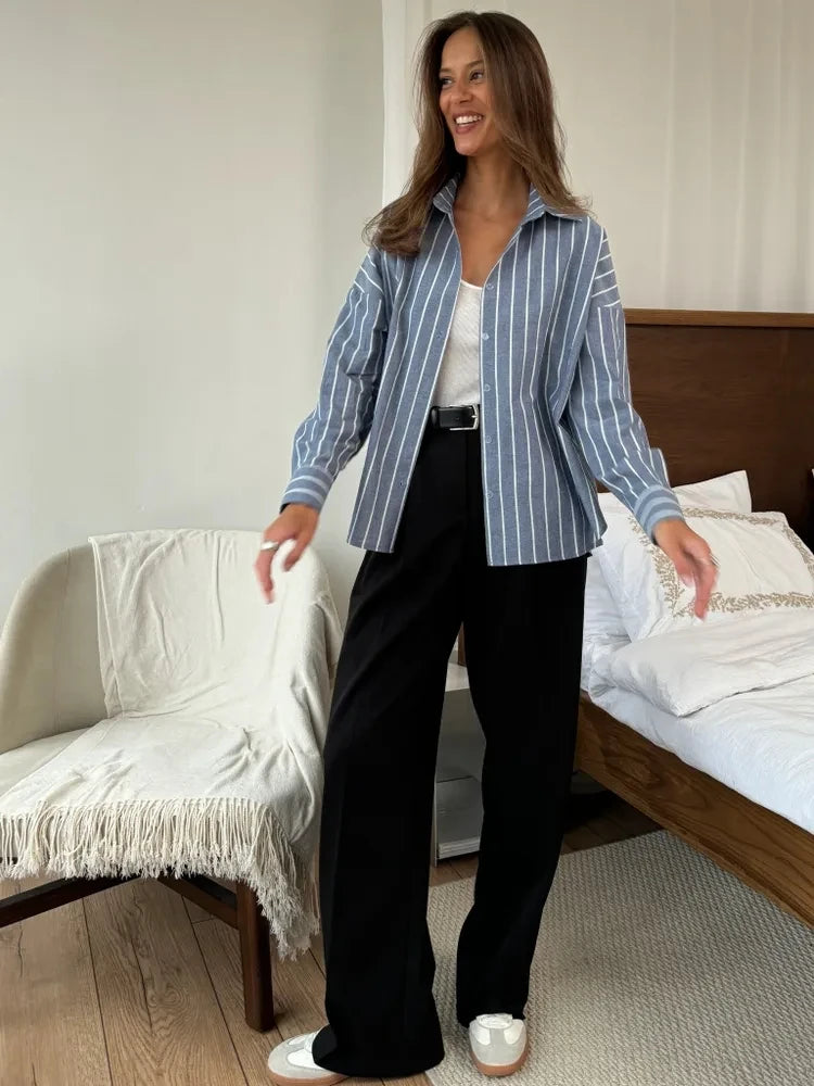 2025 summer striped shirt for women's clothing with a lazy and long sleeved design, hot selling breathable cardigan