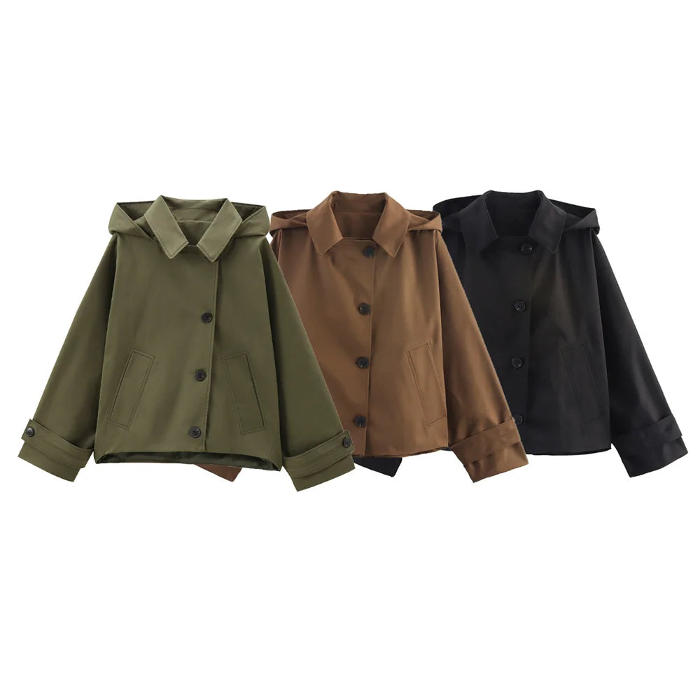 Autumn new European and American style hooded long sleeved lapel jacket single breasted trench coat short jacket