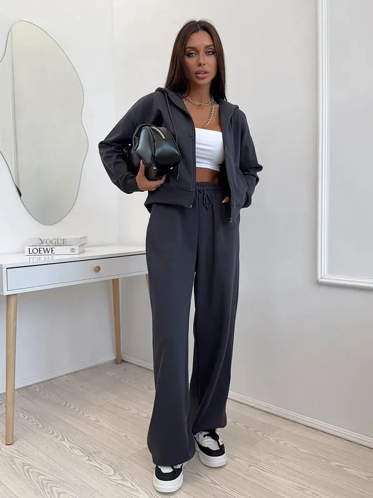 2025 Woman 2 Piece Set Outfit Sports Suit Long-sleeved Zipper Cardigan Hooded Sweatshirt Lace-up Trousers Two-piece Set Trendy