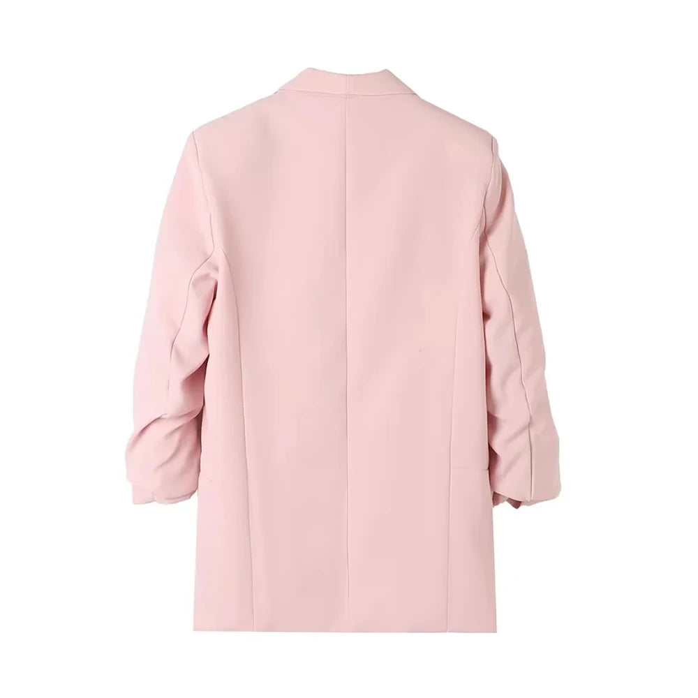 Women Fashion Office Wear Open Blazer Coat Vintage Long Pleated Sleeves Flap Pockets Female Outerwear Chic Tops