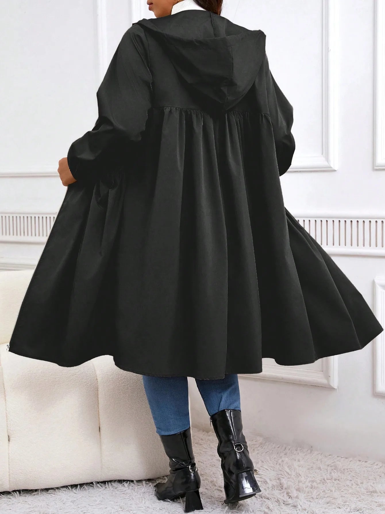 Plus Size Solid Drawstring Zip Up Hooded Coat, Casual Long Sleeve Pocket Outerwear for Fall & Winter, Women's Clothes for Daily