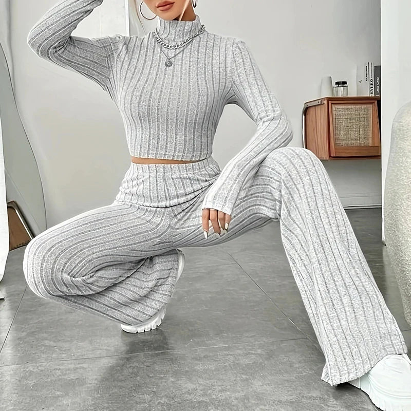 Fashion Women's Knitted Two-piece Set Casual Ribed Long-Sleeve Slim Outfit Trouser Set Female Outfit Clothes