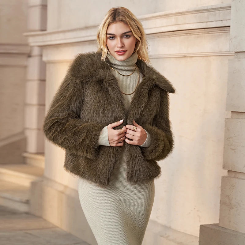 Fashion Vintge Women's Faux Fur Coat Turn-Down Collar Classic Overcoats Basic Fluffy Fox Jackets Lady Elegant Overcoats