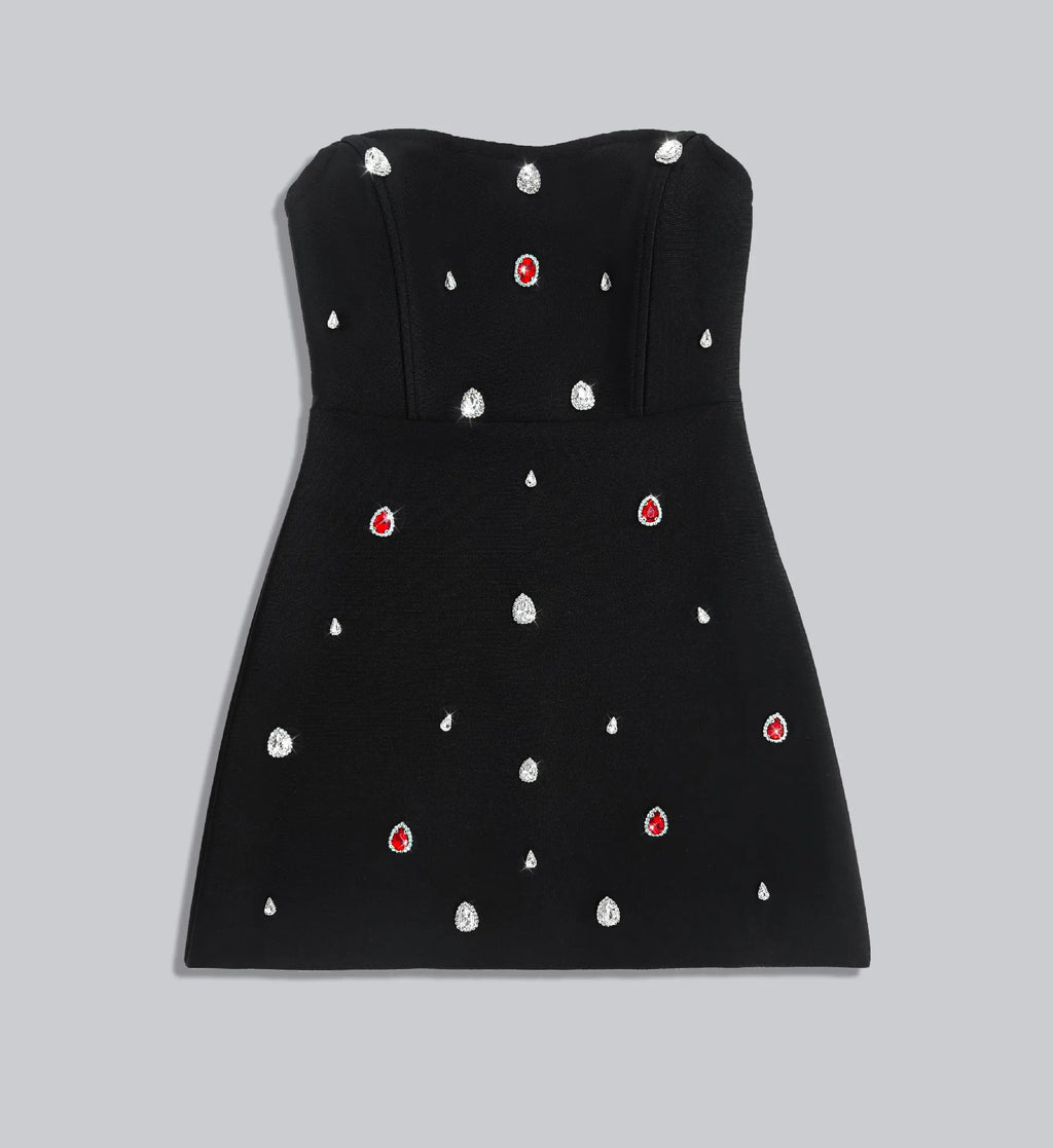 2025 New Spring Black Color Women Sexy Strapless Colorful Crystal Bodycon Mini Bandage Dress Nightclub Party Celebrate Outfit