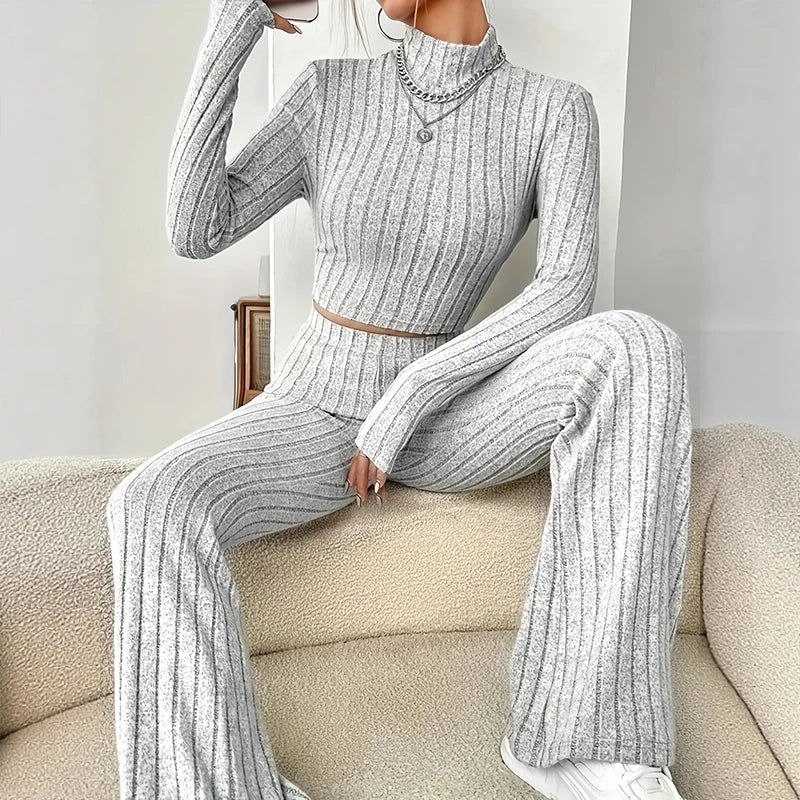 Fashion Women's Knitted Two-piece Set Casual Ribed Long-Sleeve Slim Outfit Trouser Set Female Outfit Clothes