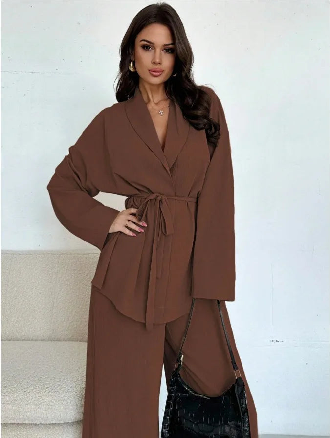2025 Autumn Winter European American Fashion V-neck Women's Temperament Long-sleeved Elegant Wide-leg Pants Set