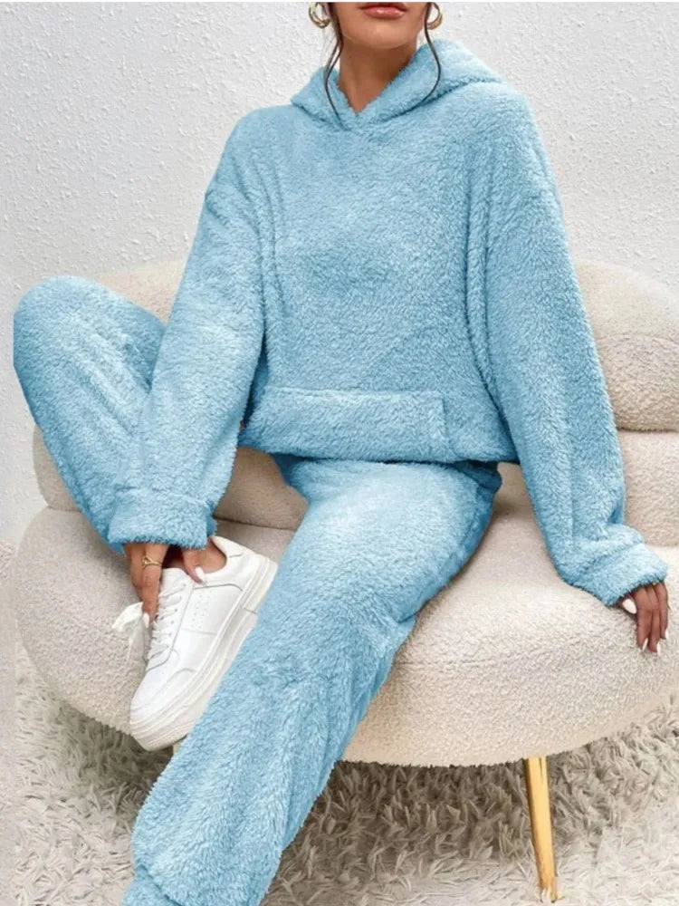 Autumn Winter Plush Hooded Sweatshirt Trousers 2 Piece Set Women's Fashion Pocket Warm Casual Home Clothing Hoodie Trousers Suit