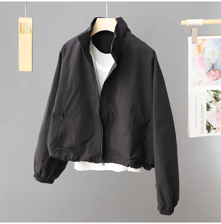 Women's New Autumn Zippered Loose Workwear Windbreaker Short Coat Women's Casual Long-sleeved Tops