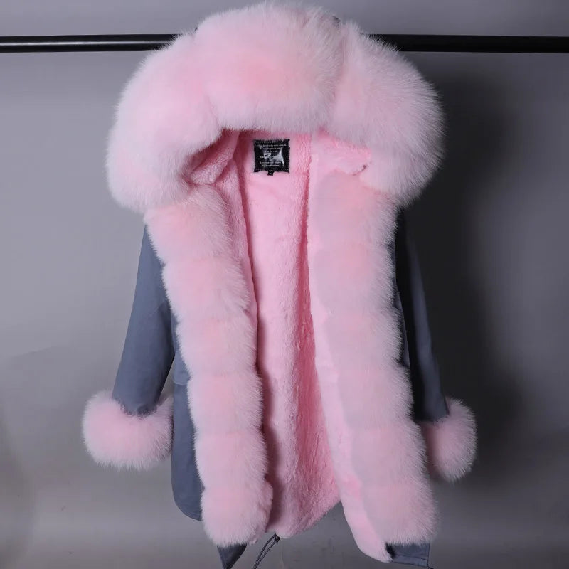 MaoMaoKong Natural Real Fox Fur Jacket Hooded Black Waterproof Woman Winter Warm Coat Parkas Luxury Jacket Female Clothing