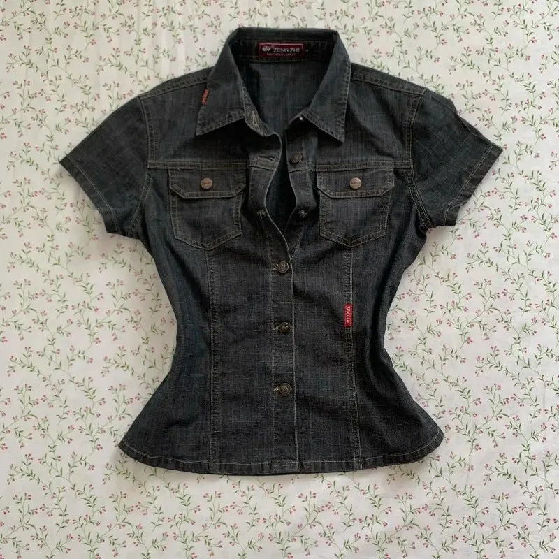 American Harajuku Retro Wash Fashionable Sexy Denim Short-sleeved 2025 New Street Fashion Brand Casual Slim-fit Women Shirt