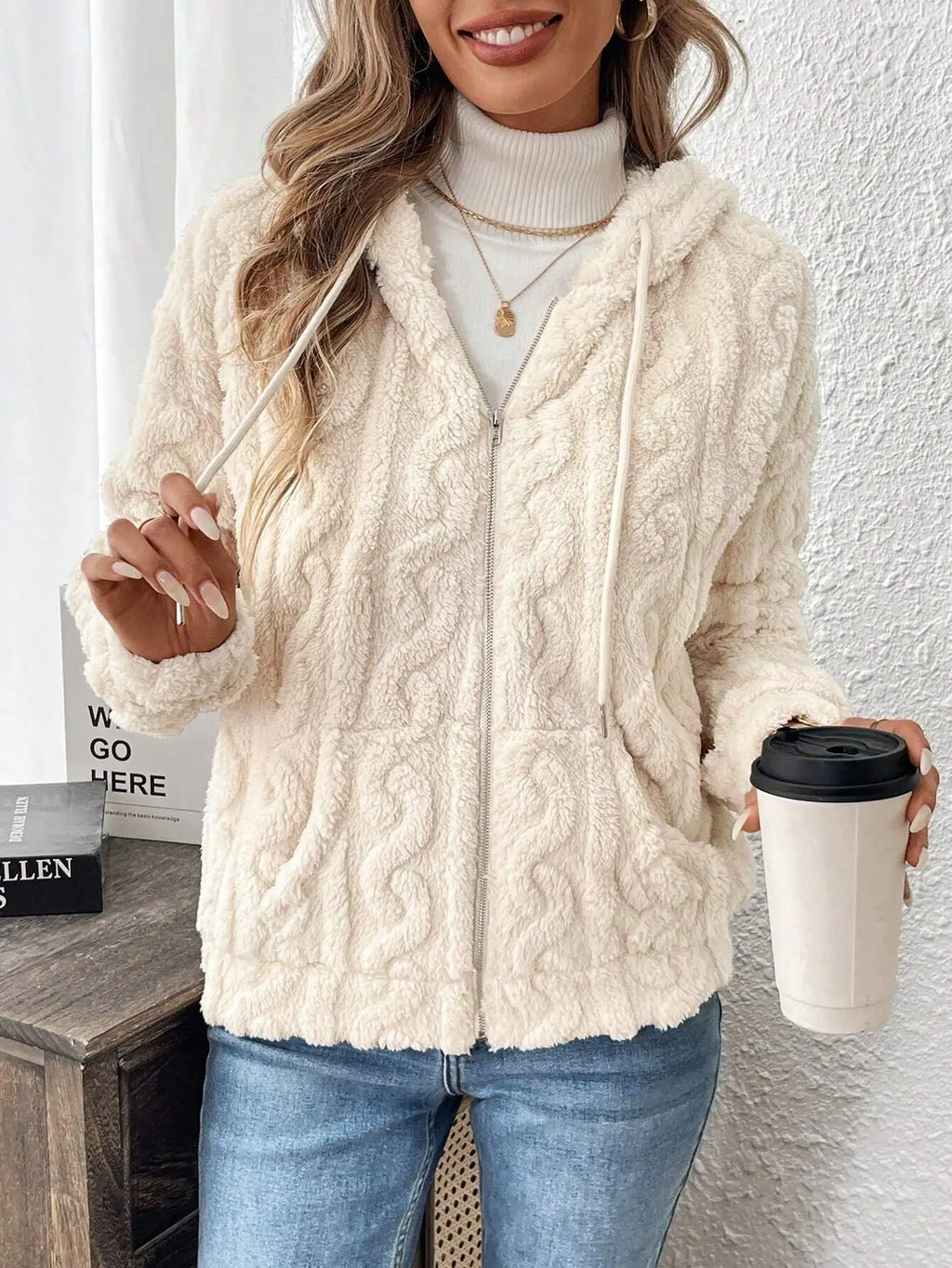 VigoCasey 2025 Women Autumn White Zipper Jacket White Long Sleeve Thick Plush Warm Coat Loose Winter Soft Lady Short Hooded Coat
