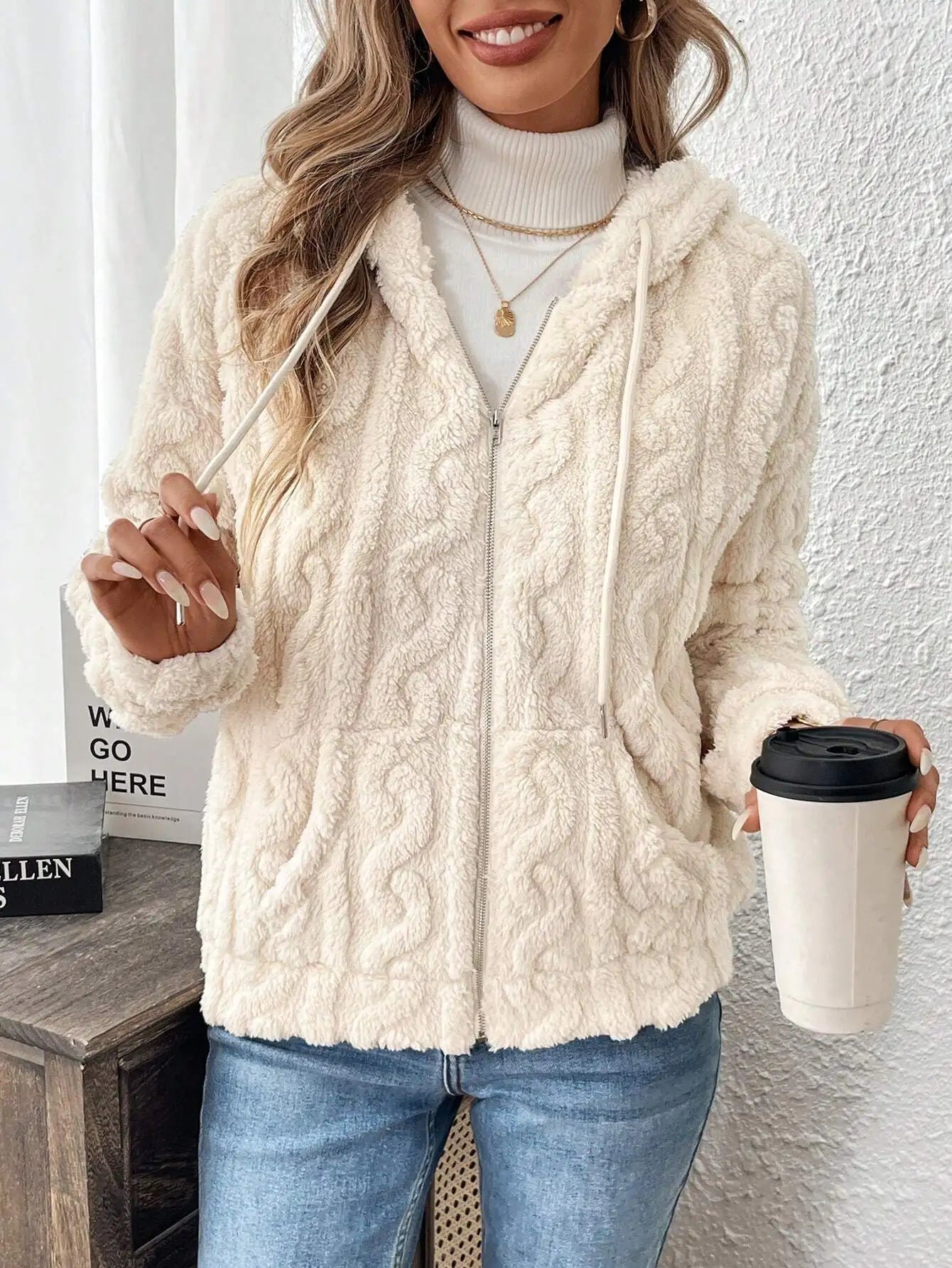 VigoCasey 2025 Women Autumn White Zipper Jacket White Long Sleeve Thick Plush Warm Coat Loose Winter Soft Lady Short Hooded Coat