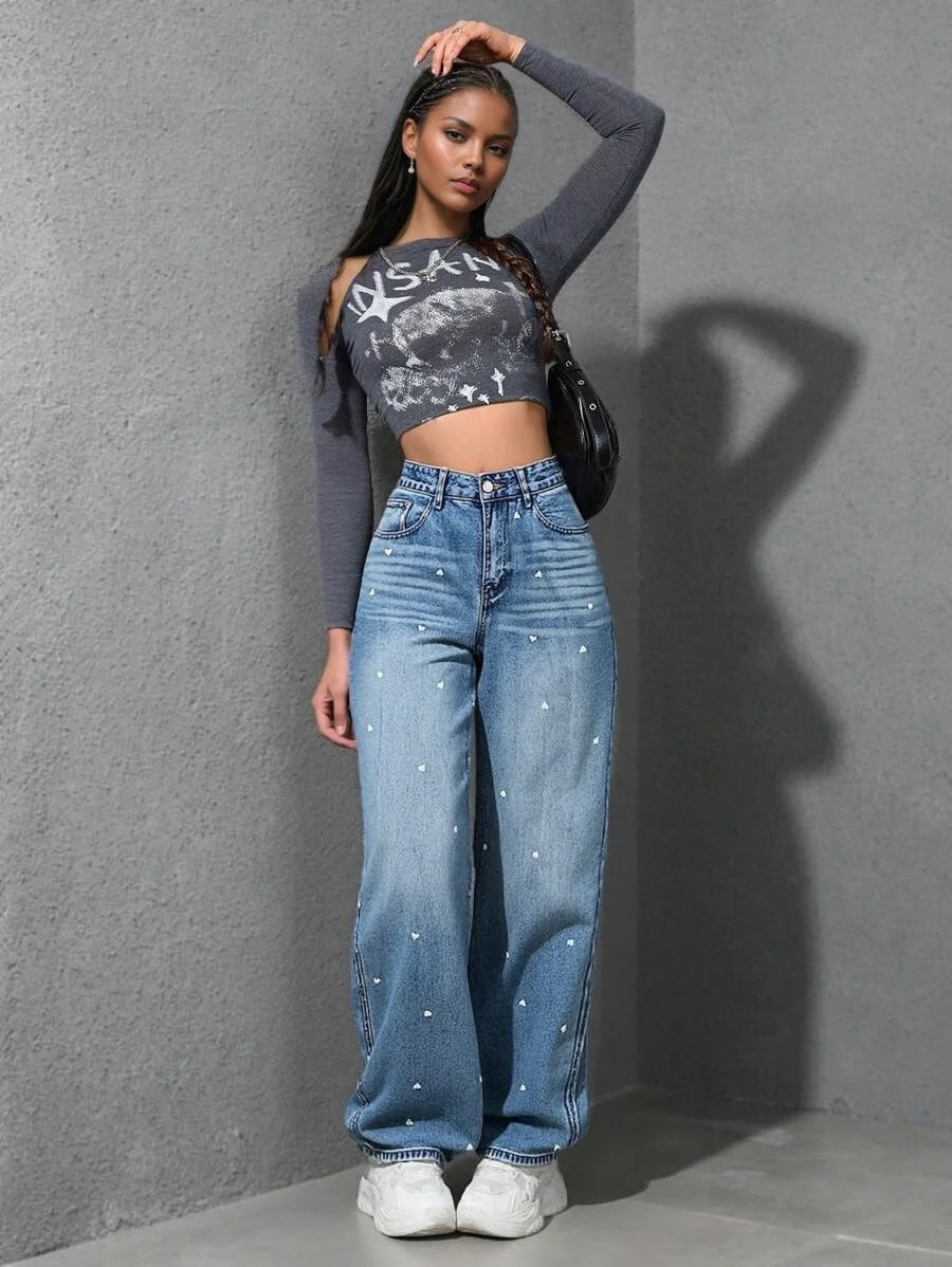 Benuynffy Heart Print High Waist Straight Jeans for Women 2025 New Streetwear Casual All Match Baggy Wide Leg Denim Pants Female