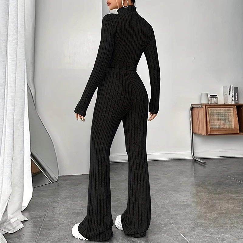 Fashion Women's Knitted Two-piece Set Casual Ribed Long-Sleeve Slim Outfit Trouser Set Female Outfit Clothes