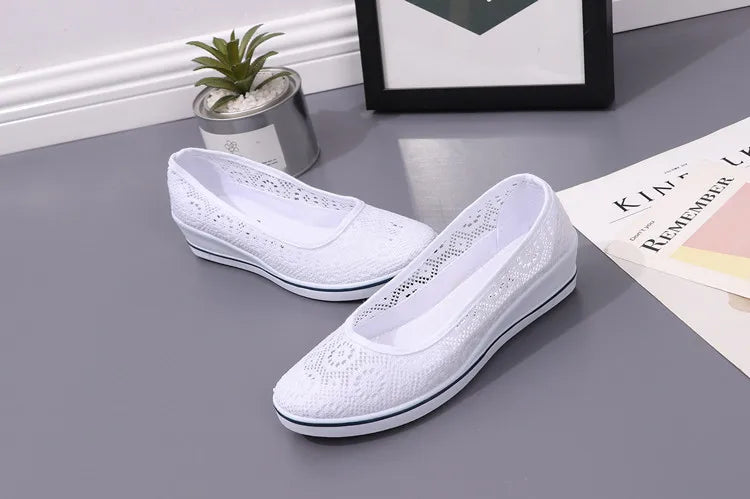 White Lace Hollow Breathable Little White Shoes Flat Mid Wedge Heel Women's Summer Beauty Shoes Size 34-41 White Sneakers Women