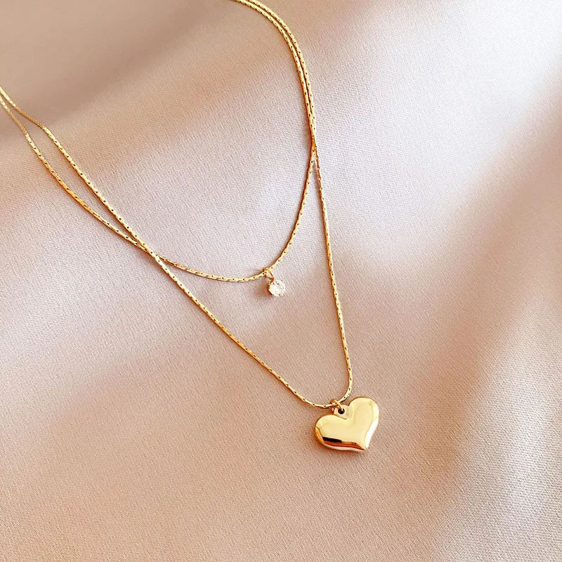 Stainless Steel 14K Gold Heart Pendant Necklace Women's Simple Chain Stylish Design Sense Jewelry Double Layer
