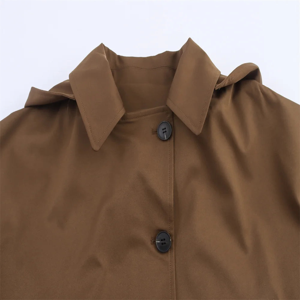Autumn new European and American style hooded long sleeved lapel jacket single breasted trench coat short jacket