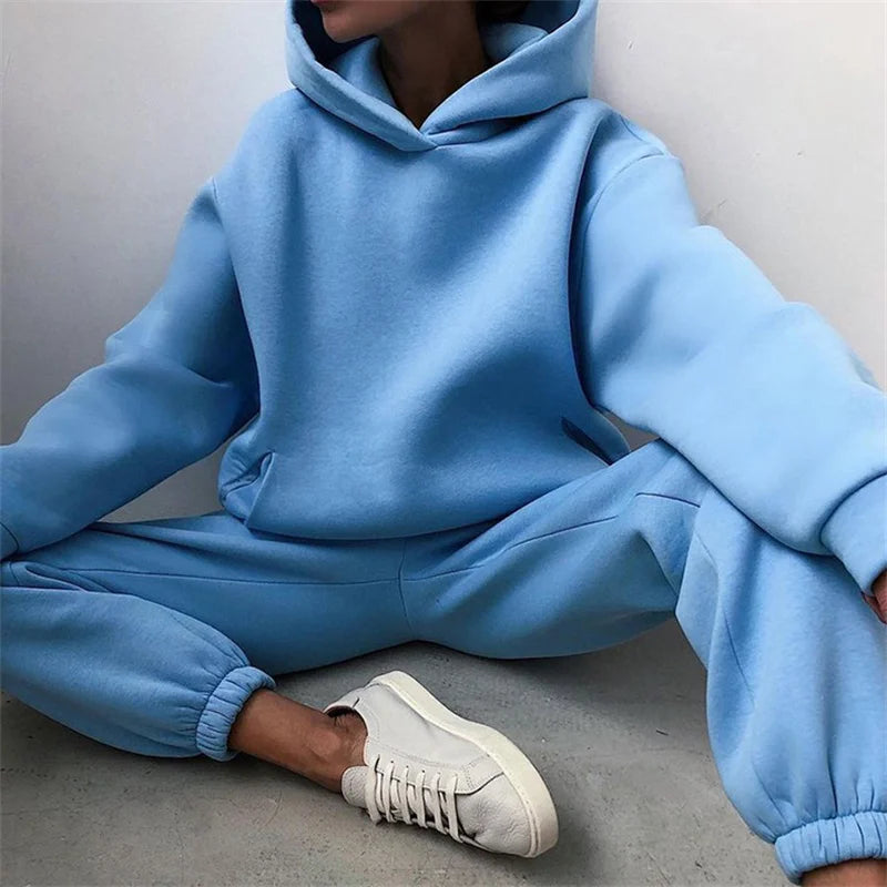 Women's Oversized Tracksuit Set Warm Autumn Fashion Hoodie Sweatshirts & Long Pants Casual Two-Piece Solid Hoody Pullover Outfit