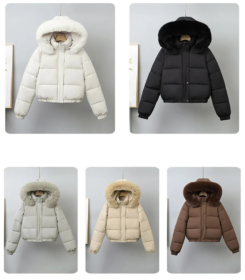 Winter Short Parkas Women's Cotton-padded Clothes Add Velvet Thicken Outerwear Fur Collar Removable Hooded Coats Warm Jackets
