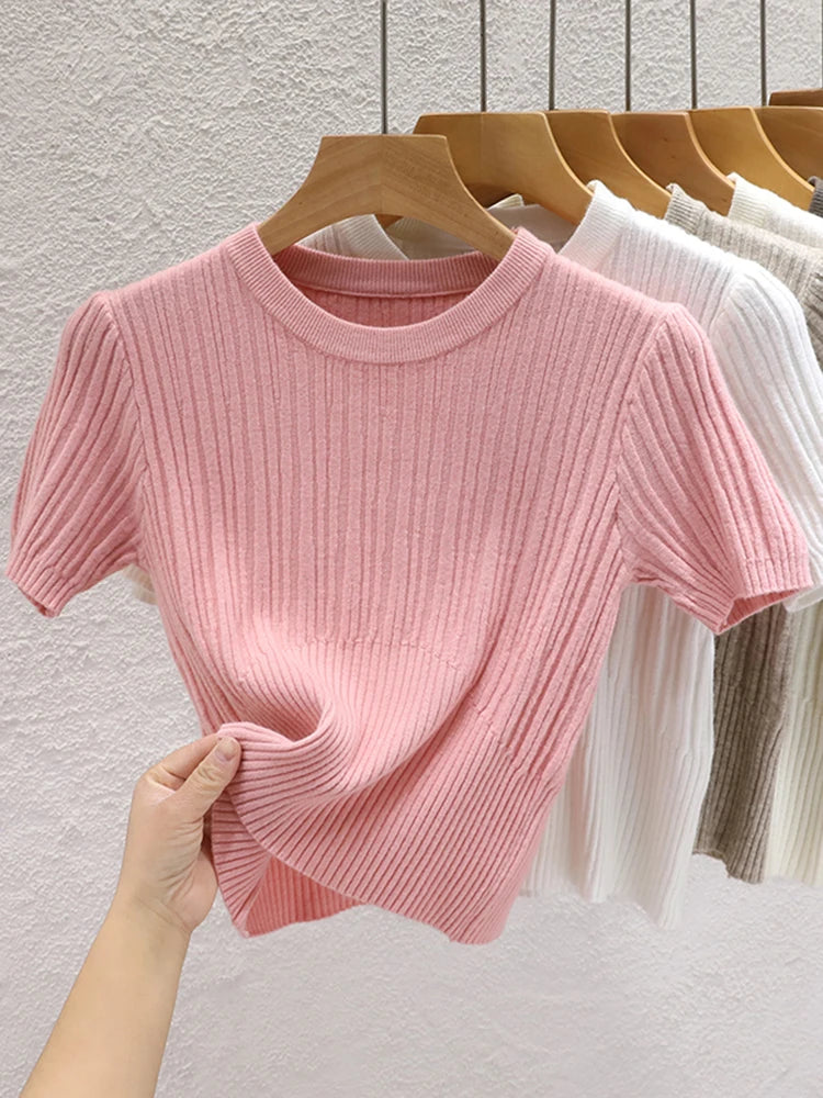 2025 Summer T shirts for Women Casual Female Korean Knit Streetwear Tees Basic Solid Young Cool Tops