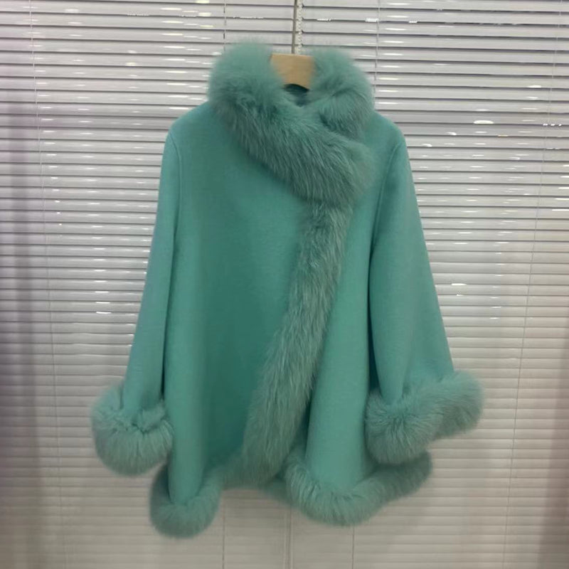 2025 Real Fur Coat Winter Jacket Women Natural Fox Fur Collar Warm Cashmere Wool Woolen Ladies Outerwear Streetwear Fashion