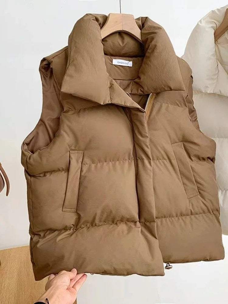 New in Autumn Winter Women Loose Fashion Stand Collar Elegant Down Coats Warm Outerwear Casual Sleeveless female Vests Jackets