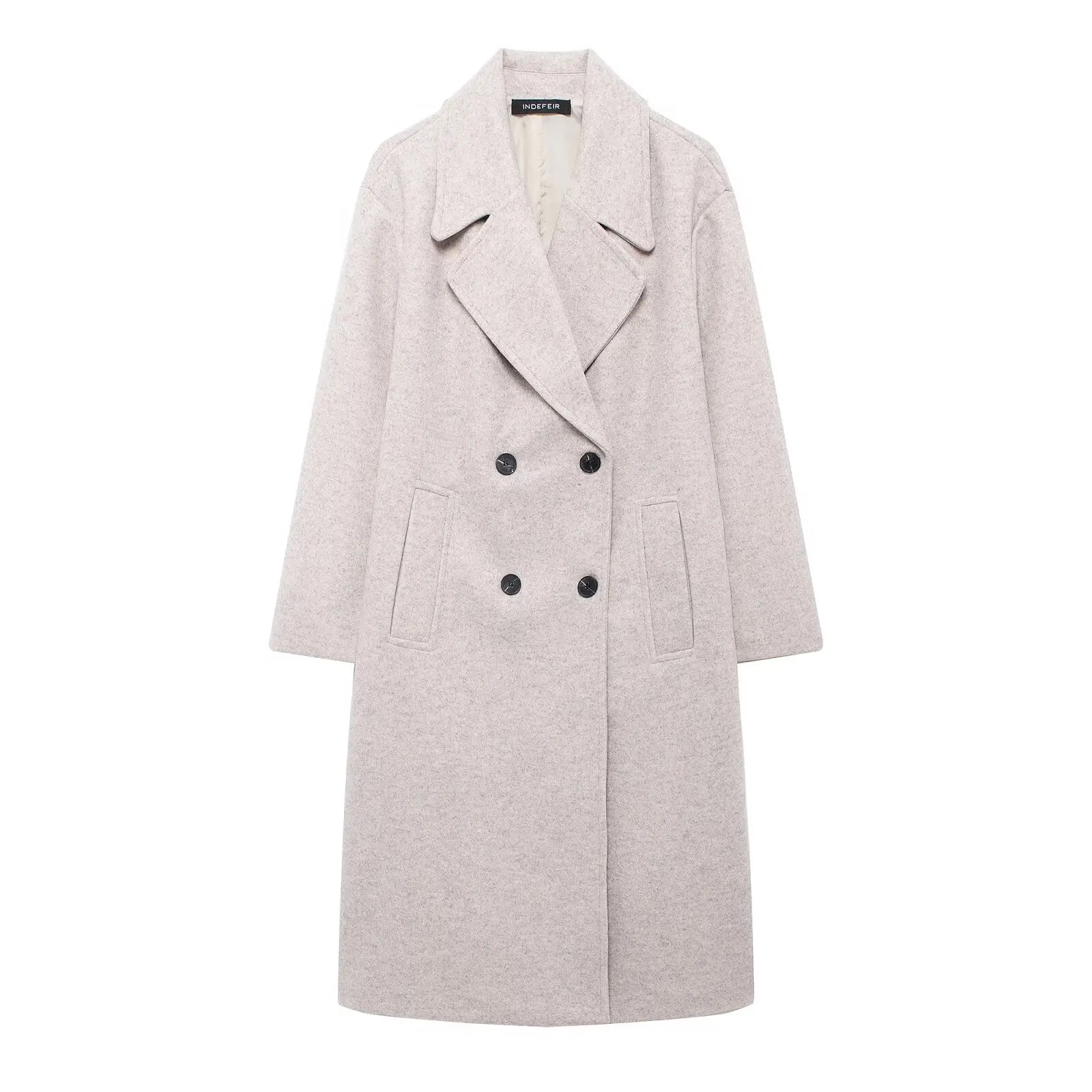 TRAFZA Women Winter Casual Wool Blend Notched Lapel Collar Coat Chic Double-breasted Trench Coats Oversized Female Long Jackets