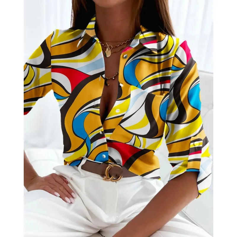 Spring/Summer Women's Commuter Long Sleeved Shirt Fashion Printed Lapel Holiday Casual Shirt Elegant Women's Shirt