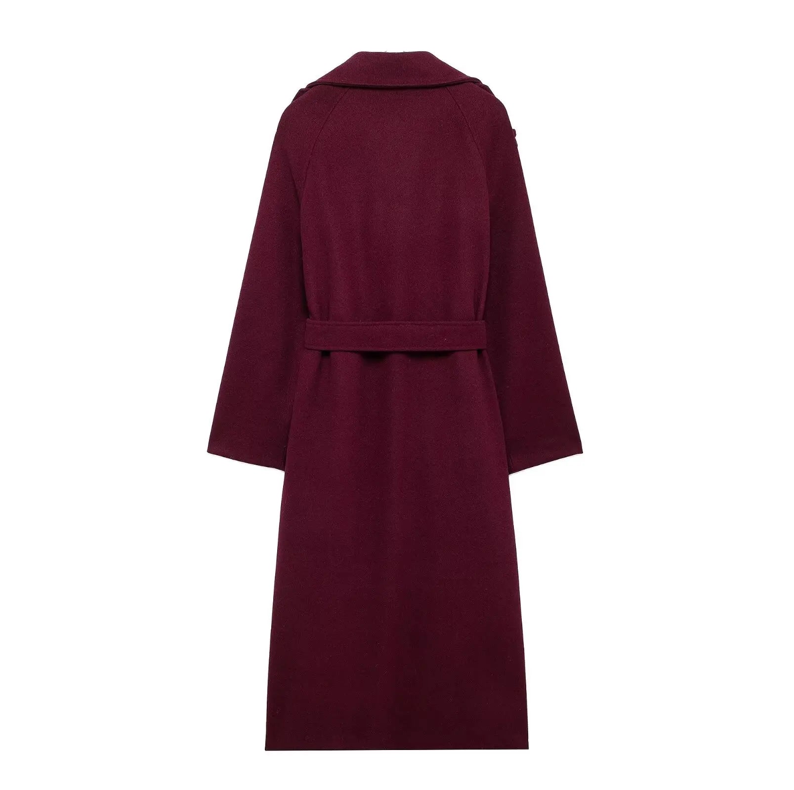 HH Women Elegant Burgundy Lapel Blend Maxi Overcoat Fashion Winter Double-Breasted Jacket with Belt Female Chic Trench Coat